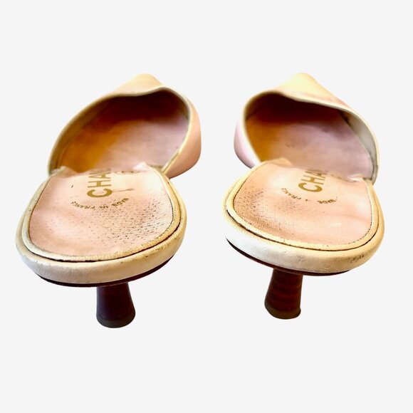 CHANEL Vintage Pump Kitten Heels Pink Cream Mule Snip Toe Womens 37 7 ALTERED - Picture 15 of 16